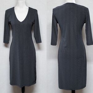 VINTAGE Moa Moa Black Pinstriped Side Slit Quarter Sleeve V-neck Sheath Dress L